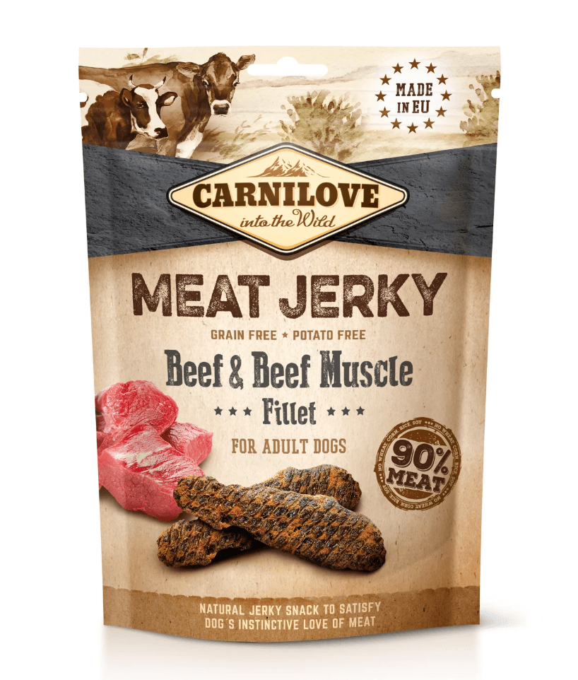Carnilove Jerky Wołowina & Mięsień Wołowy 100g – 90% mięsa