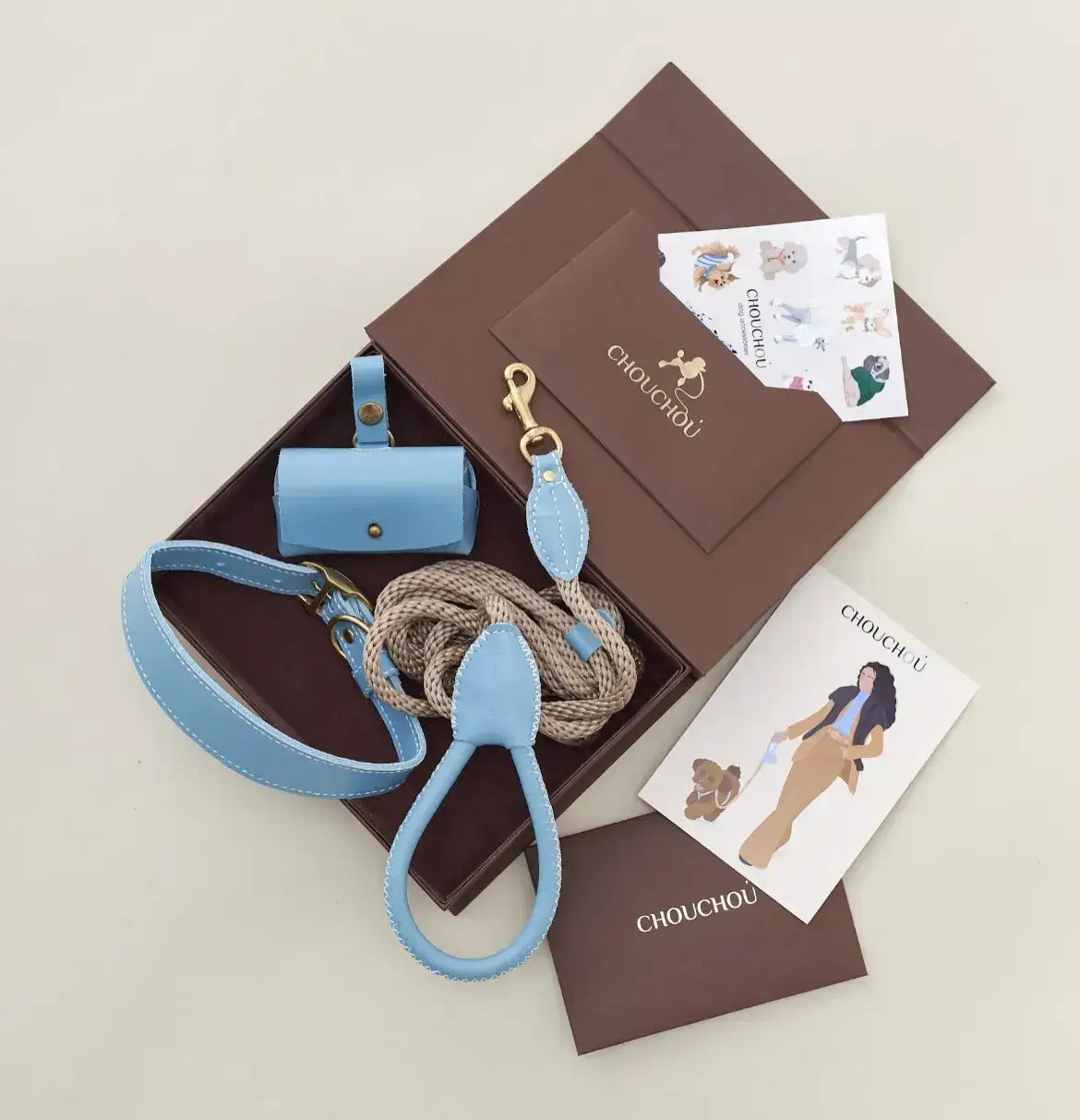 Luksusowa obroża Almond, smycz Classy i etui – ręcznie robiony zestaw premium dla psa