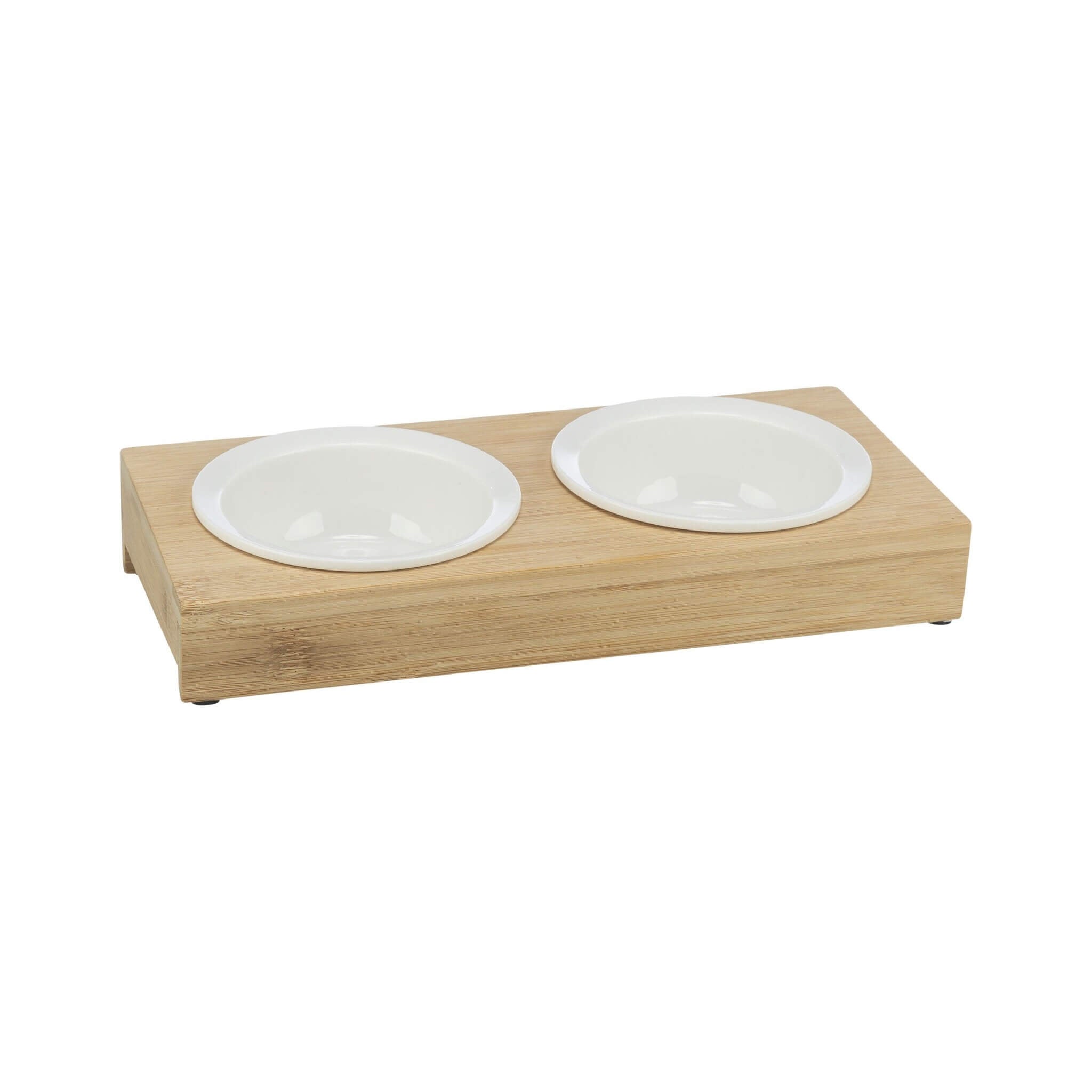 Miski ceramiczne na stojaku 2×0,25L biały/bambus