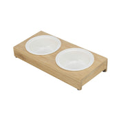 Miski ceramiczne na stojaku 2×0,25L biały/bambus