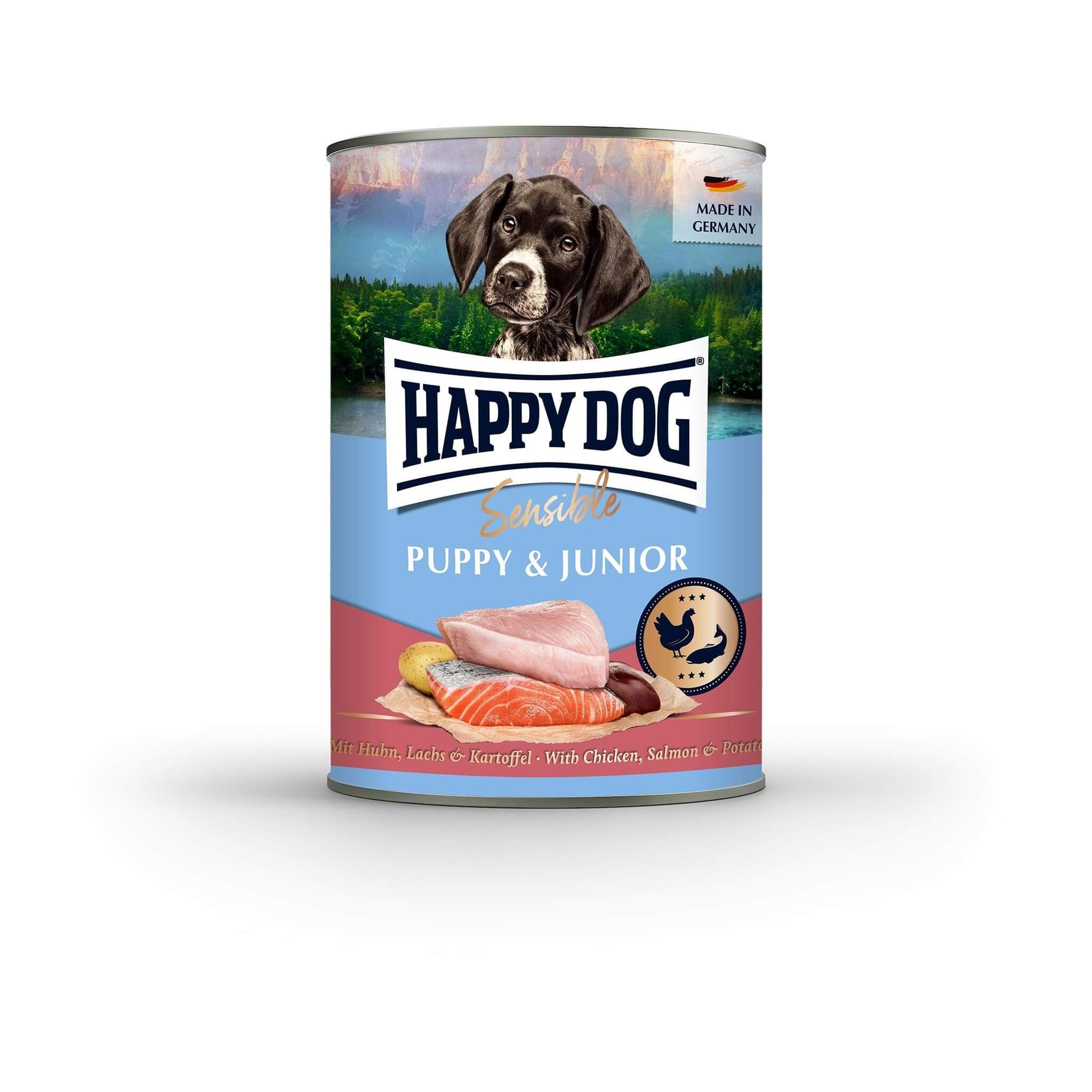 Happy Dog Puppy Junior 400g – Kurczak i Łosoś w Puszce